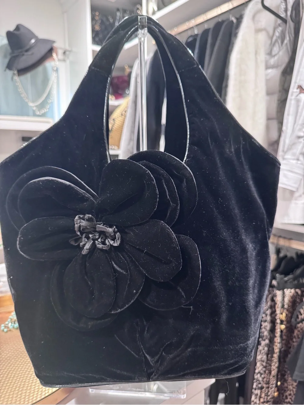 kate spade Black Velvet Floral Applique Tote